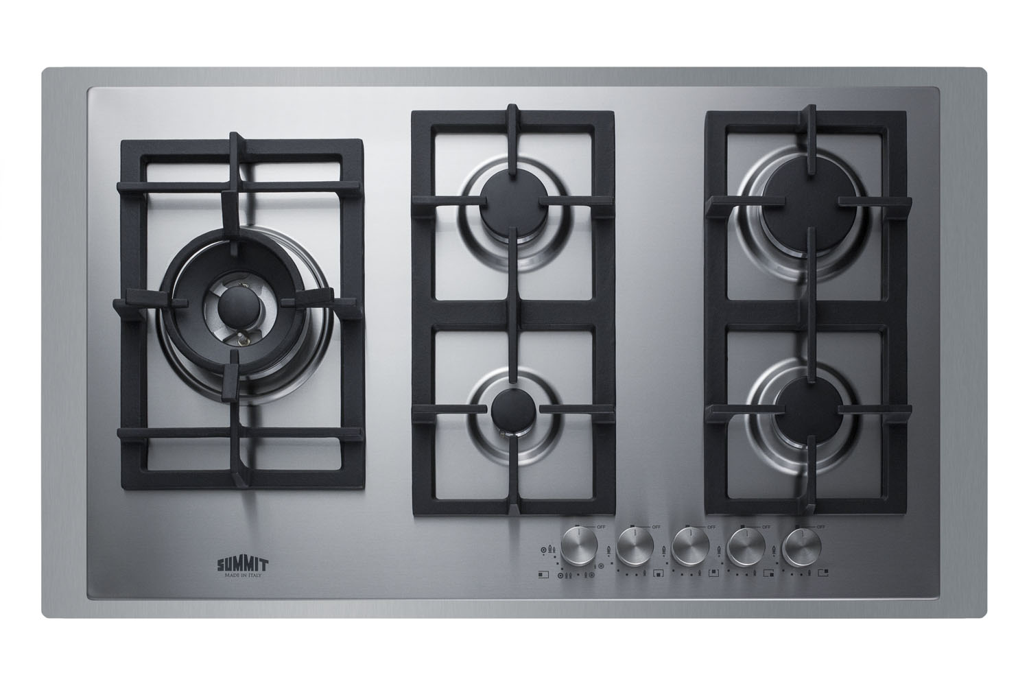 5-burner LP gas cooktop made in Italy with sealed burners, multiple heating outputs, cast iron grateS, 304 grade stainless steel surface, and stainless steel trim kit to cover 36